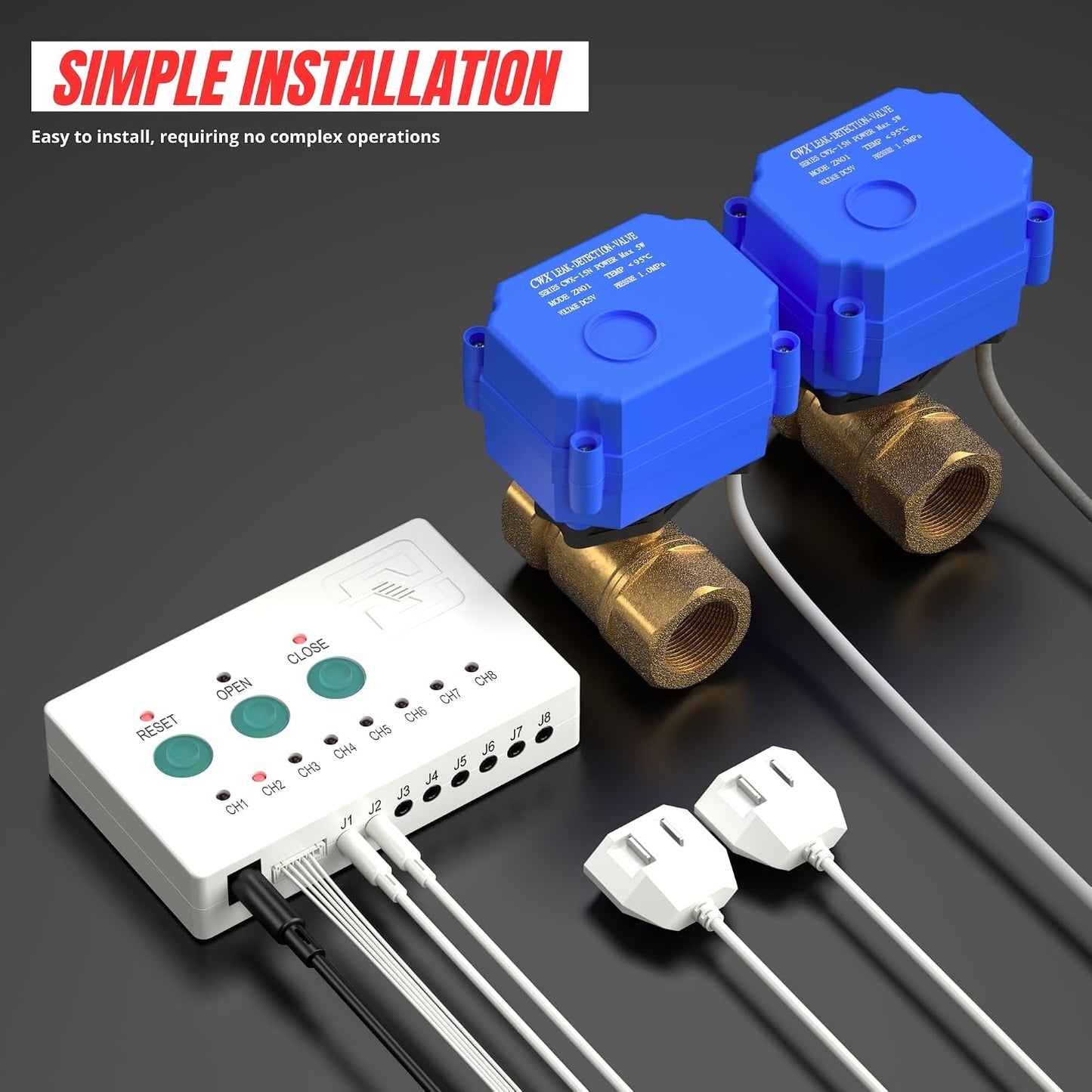 Water Leak Detector, Automatic Water Leak Alarm System, with 2X 3/4" NPT Shutoff Valves & 2 Sensors, Flood Prevention for Water Heater Laundry