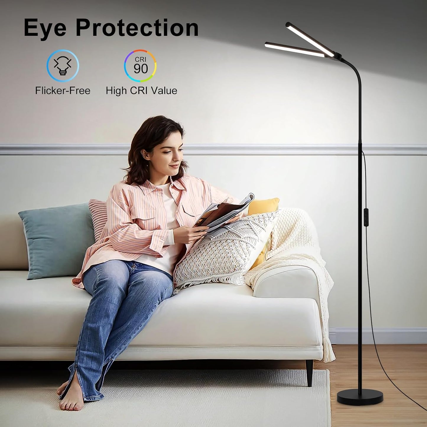 LED Floor Lamp, 18W/2000LM Bright Reading Floor Lamp for Office with Double Head, Adjustable Gooseneck Dimmable Modern Standing Light for Lash Extension Craft, Eye Caring Floor Lamps for Living Room