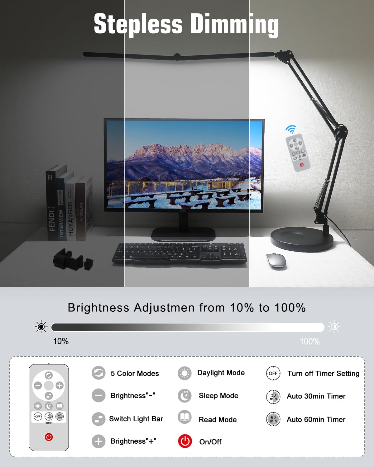 Toolour LED Desk Lamps for Home Office 2 in 1 Double Head Desk Lamp with Clamp Base,Remote Control,Dimmable Architect Clip on Desktop Computer Light Bar with Memory for Workbench Darkroom