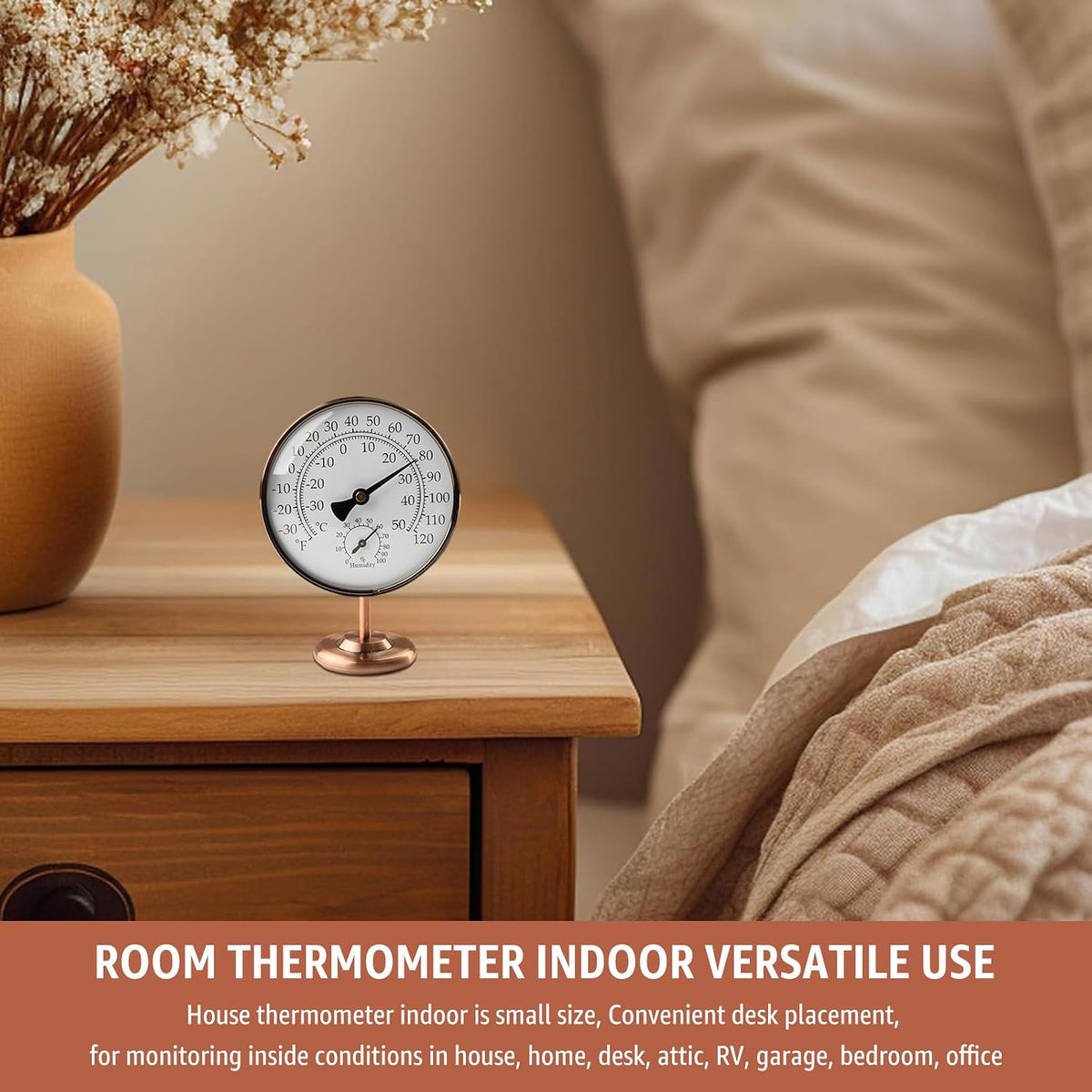 4" Indoor Thermometer & Humidity Gauge, Brass Dial with Stand