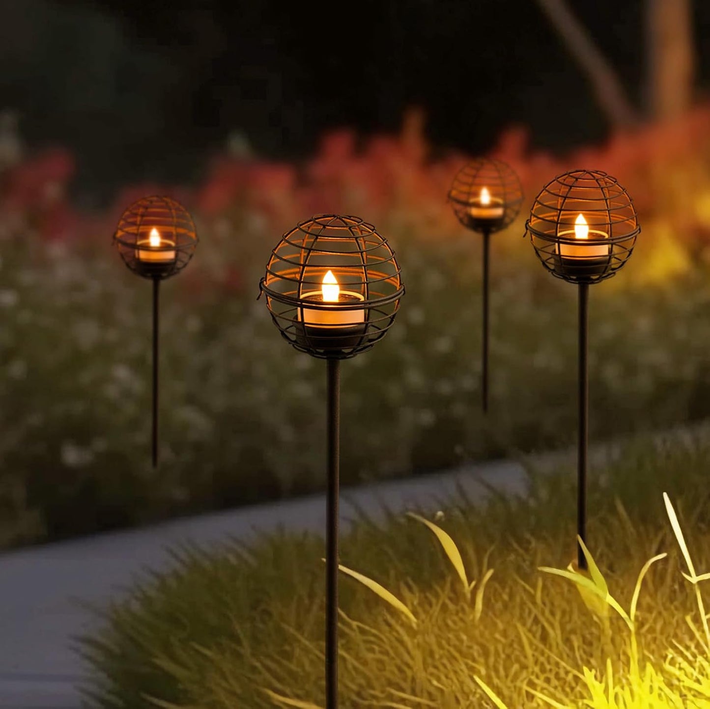 Solar Hanging Lanterns Outdoor Waterproof, Rust Iron Ball Candle Holder with Flickering Solar Powered Tea Lights, Perfect Chargeable Solar Lights for Backyard Patio Garden Fence Tree Decoration-4Pack