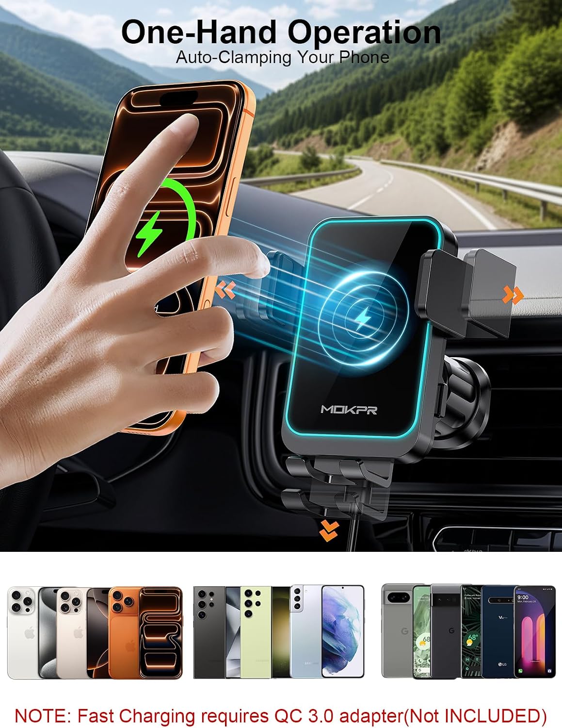 Wireless Car Charger Auto Clamping LED Car Charger Dash Windshield Air Vent | Phone Holder Compatible with iPhone 17 16 15 14/13/13 Pro/12 pro/12/11/X/8, Samsung S24/S23/S22 Series