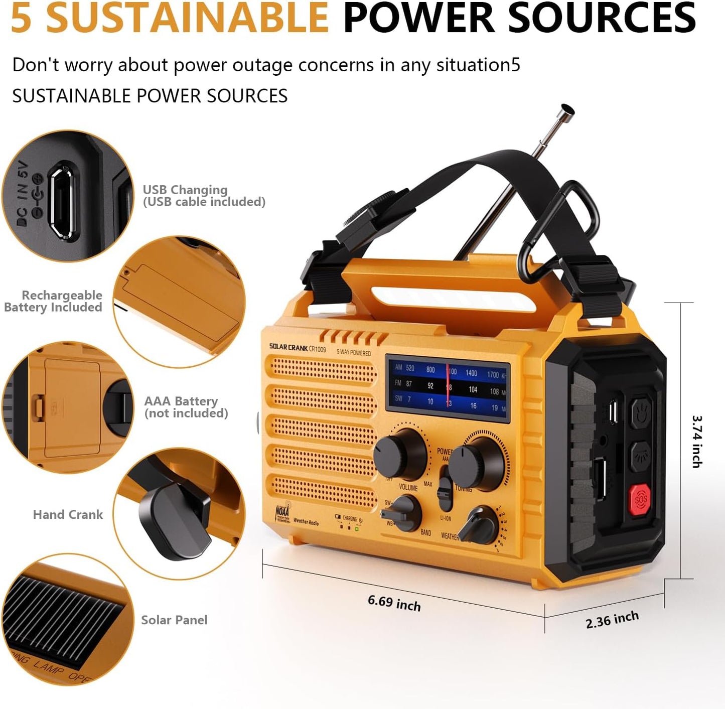 Emergency Weather Radio, 5 Ways Powered Crank Solar Radio, Portable AM/FM/SW/NOAA Weather Radio Battery Operated with Cellphone Charger, Camping Flashlight, Reading Lamp, SOS Alarm for Home Outdoor