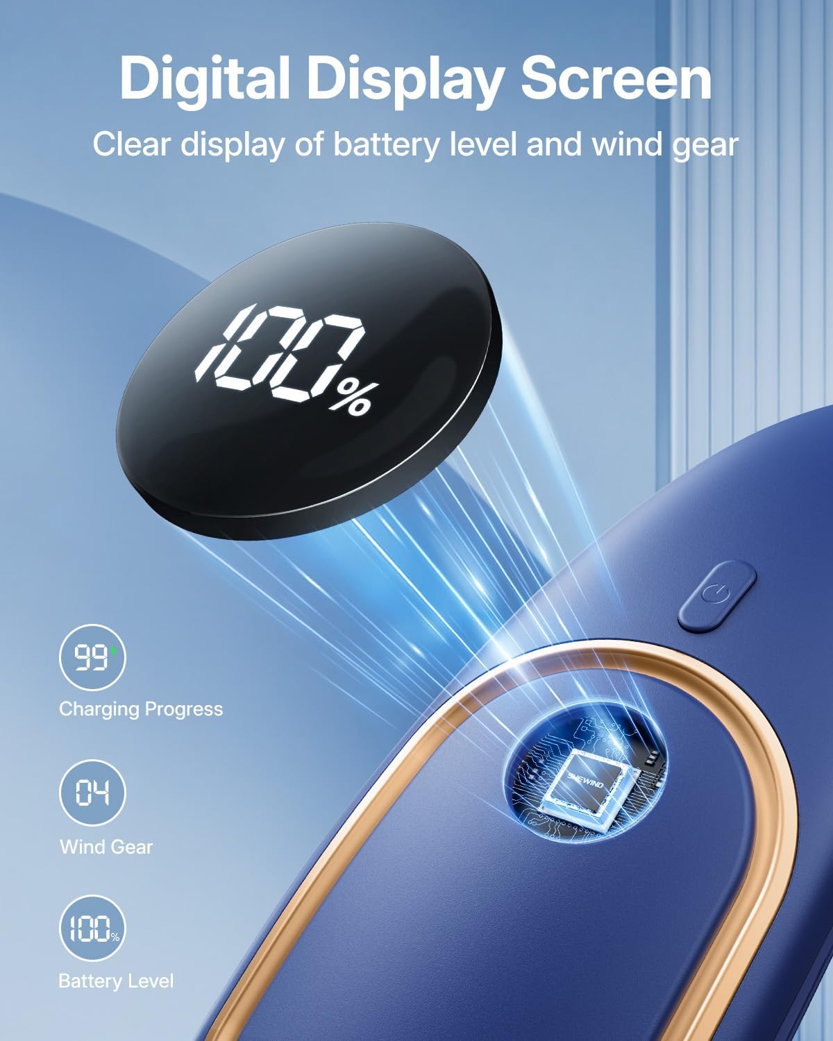 SHEWIND Portable Neck Fan - Hands Free Personal Fan, Rechargeable Bladeless Fan with 5000mAh-Battery, Digital Display, 4 Speeds, Birthday Gifts for Men, Women, Mom, and Dad - Blue