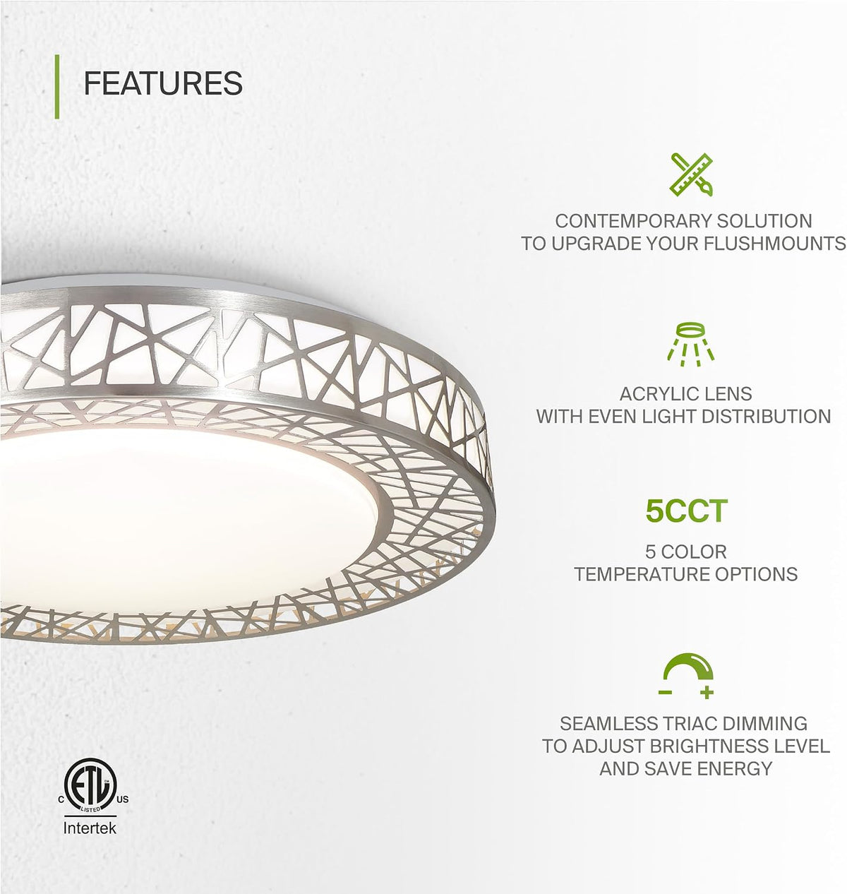 ASD 16 Inch LED Flush Mount Ceiling Light Fixture for Bedroom, 28W 1752LM 5CCT 2700K-5000K, Triac Dimmable Lights, Dining, Living Room, Kitchen Lamps, Modern Home Lighting Fixtures, Nickel, ETL