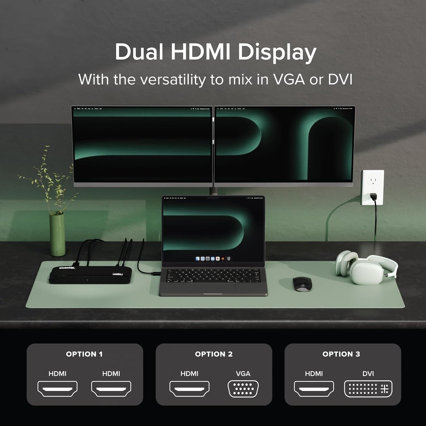 Plugable USB 3.0 Universal Docking Station for Windows, macOS, ChromeOS (Dual HDMI Monitors or DVI/VGA, Gigabit Ethernet, Audio, 6 USB Ports)