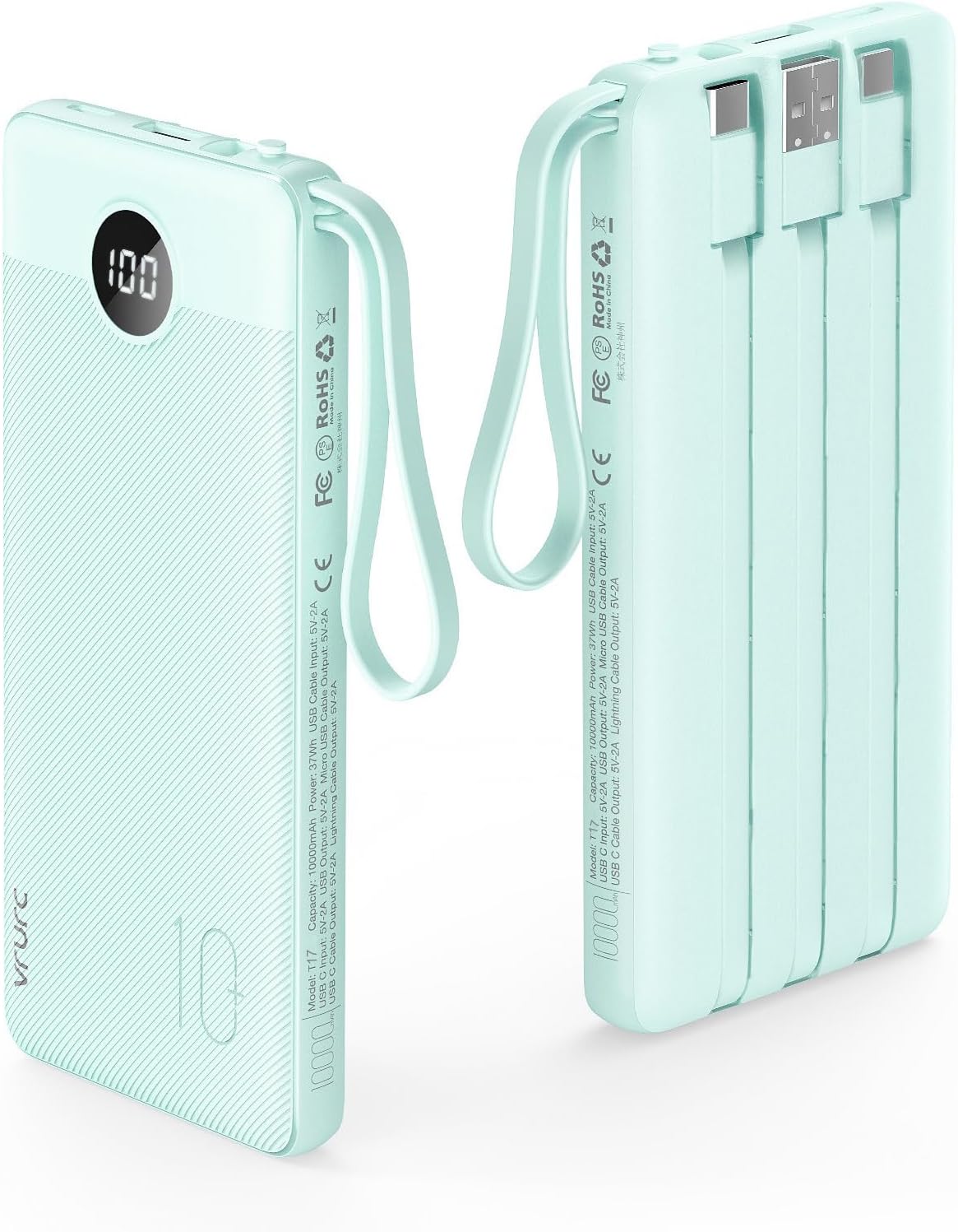 VRURC Portable Charger, 22.5W Fast Charging Power Bank Built‑in 4 Cables | 10000mAh Slim Lightweight Travel Battery Pack for iPhone, Samsung & Multi Devices, Pocket‑Friendly with Lanyard-Green(1 Pack)