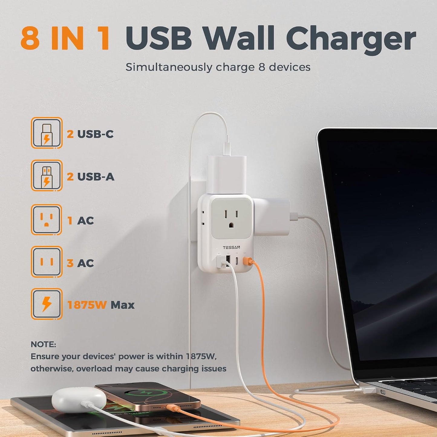 TESSAN USB C Charger Block 20W PD, Fast Charging Adapter with Foldable Plug | 1875W Power Outlet Extender(4 AC and 4 USB) for Cruise, Home, Office, Dorm Room Essentials, Grey