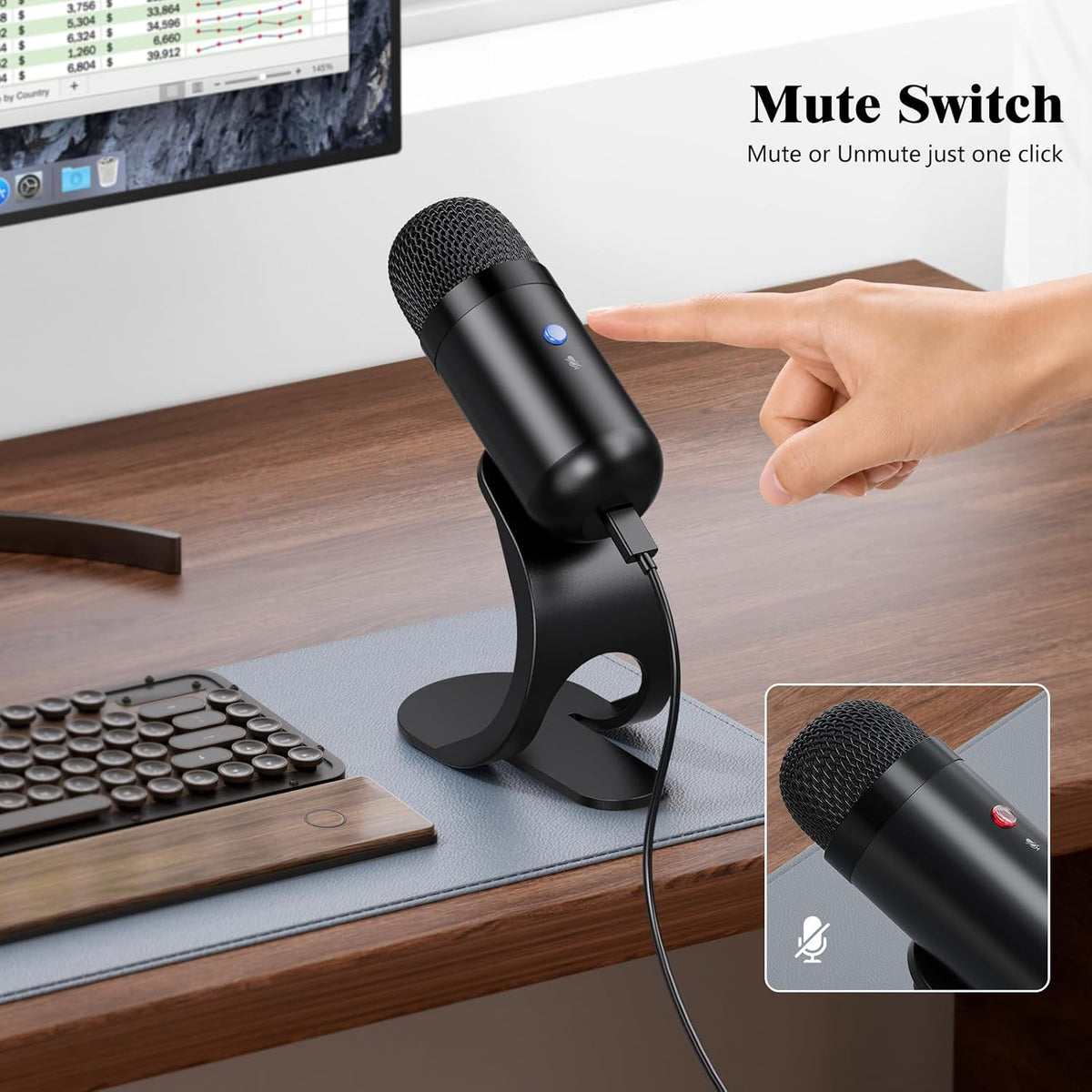 LIANGSTAR USB Computer Microphone, Podcast Mic Desktop with Mute Button for Recording Streaming, Omnidirectional Condenser, Plug&Play Stand with Volume Control for PC, Laptop, Mac, YouTube