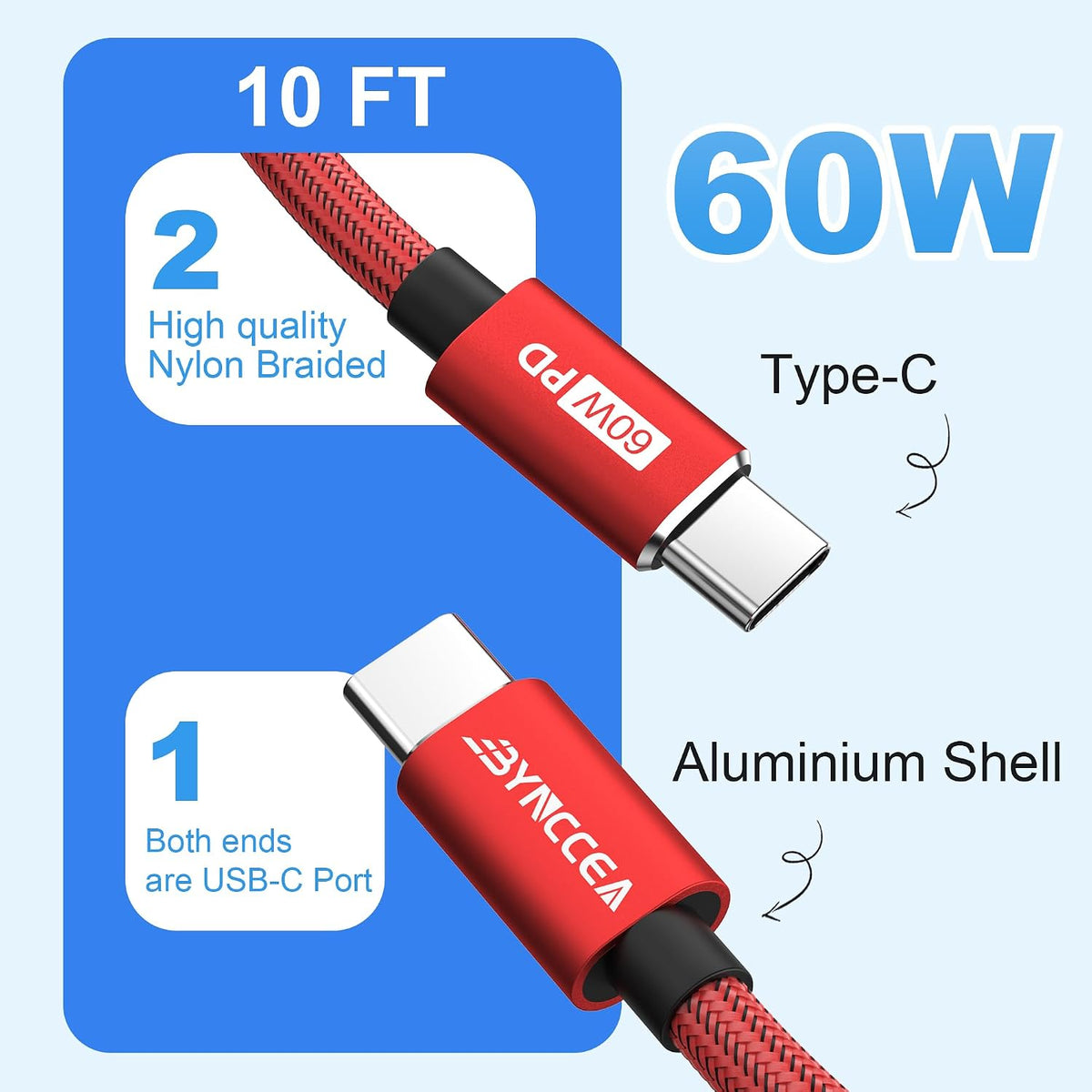 Bynccea 4-Pack USB C to USB C Cable 10ft C to C Cable Fast Charging C Cable, 60W(5A) Nylon Braided Type C Cables for Phone 17/16/15 Series Samsung S24/23