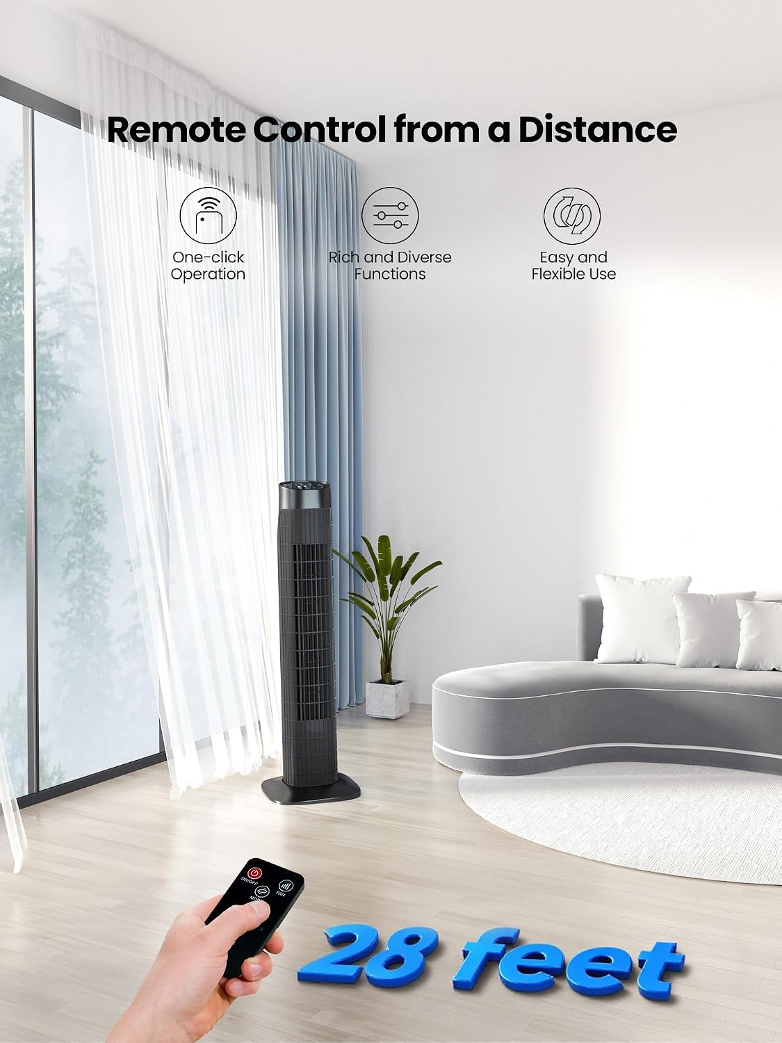 Uthfy Tower Fan with Remote, Portable 120° Oscillating Standing Fan, 3 Speeds & 3 Modes, 7.5H Timer, Fans That Blow Cold Air for Bedroom, Living Room, Office, Black
