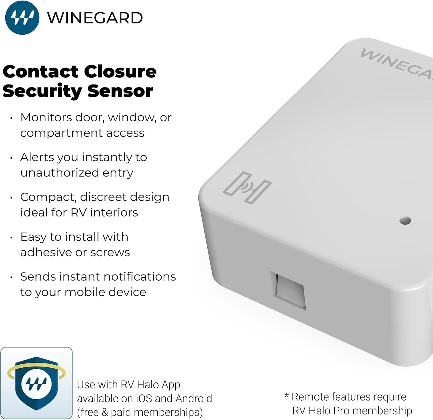 Winegard HS‑CC01 Contact Sensor - Smart RV Door Window Monitor - Bluetooth Wireless Connectivity - CR123A Battery Long Life - for RV Halo Smart System - White