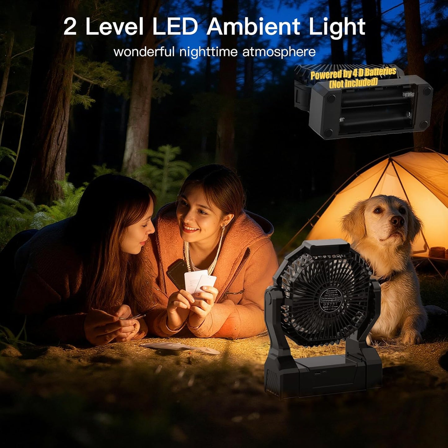 Battery Operated Fan, 2-in-1 D-Cell Battery & USB Powered Portable Fan with 4 Speeds, 3 Timers & 2 Light Modes, Super Long Lasting Camping Fan for Outdoor Tent Travel Picnic Office Bedroom - Black