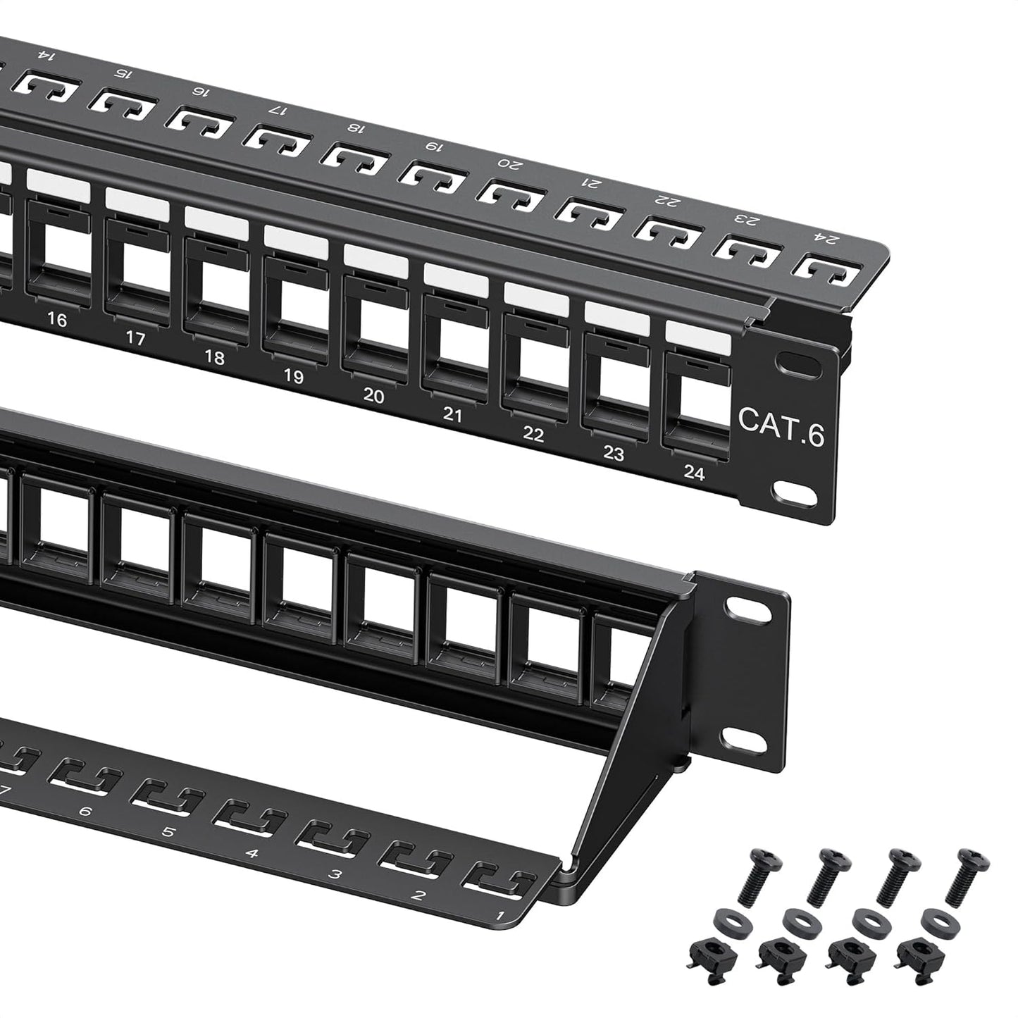 Cable Matters 1U 24 Port Keystone Patch Panel with Cable Management | With Support Bar, Rackmount or Wall Mount, 19-Inch Black Patch Panel for Keystone Jacks