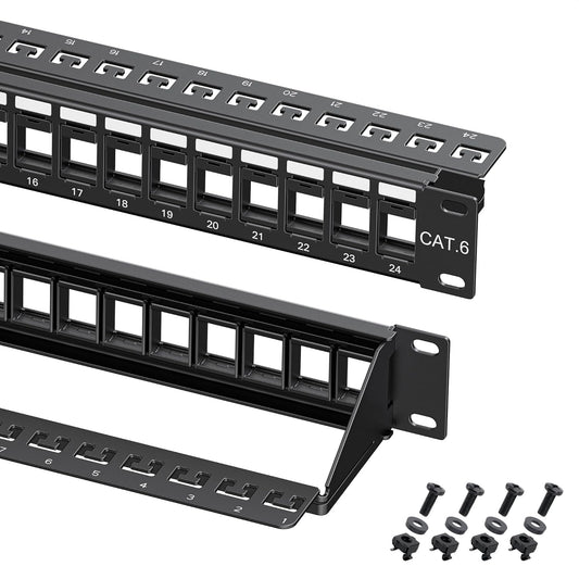 Cable Matters 1U 24 Port Keystone Patch Panel with Cable Management | With Support Bar, Rackmount or Wall Mount, 19-Inch Black Patch Panel for Keystone Jacks