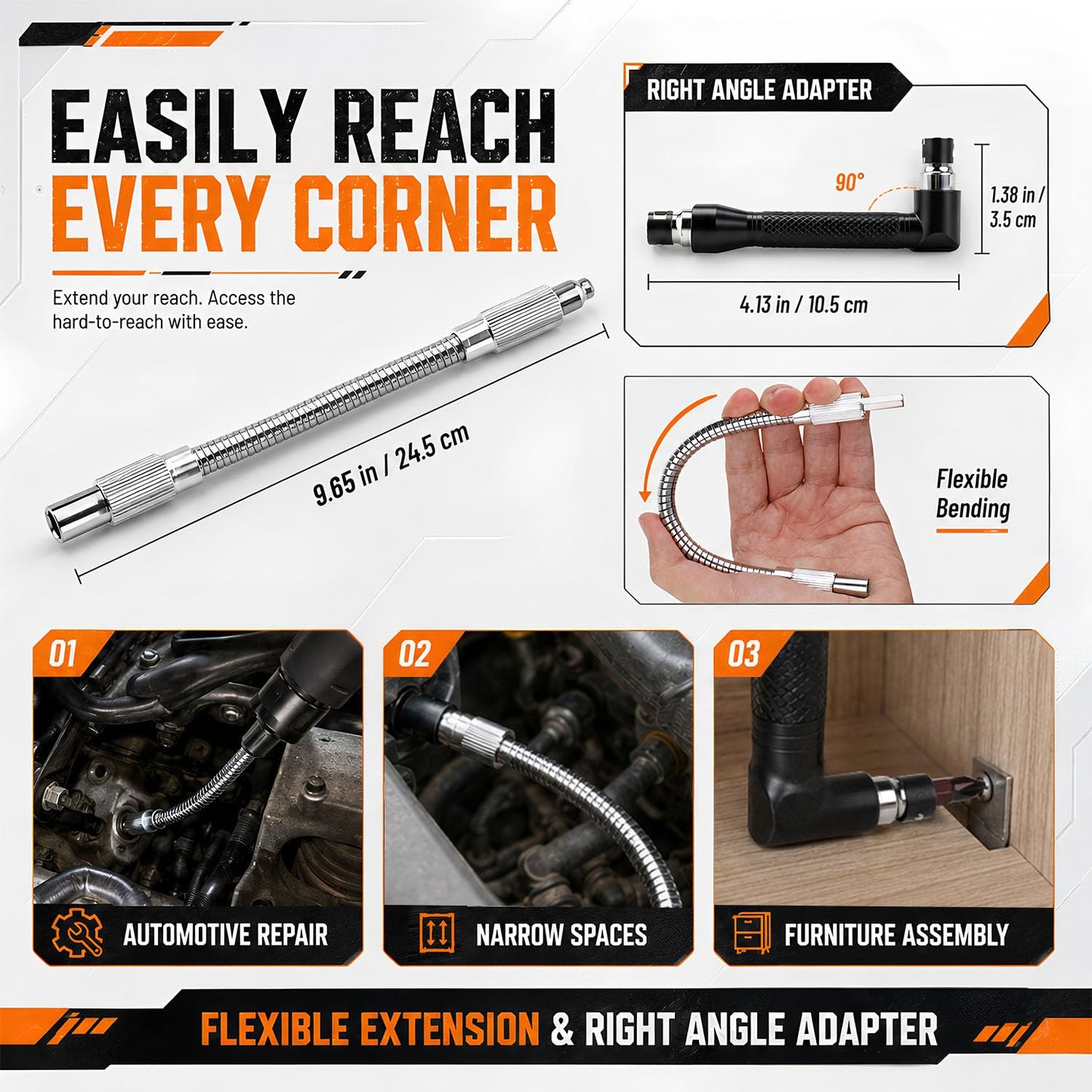 39PCS Flexible Drill Bit Extension Set | Includes 105° Right Angle Adapter, 4-12mm Metric Sockets, Screwdriver Bits, Double Head Drive with Storage Case