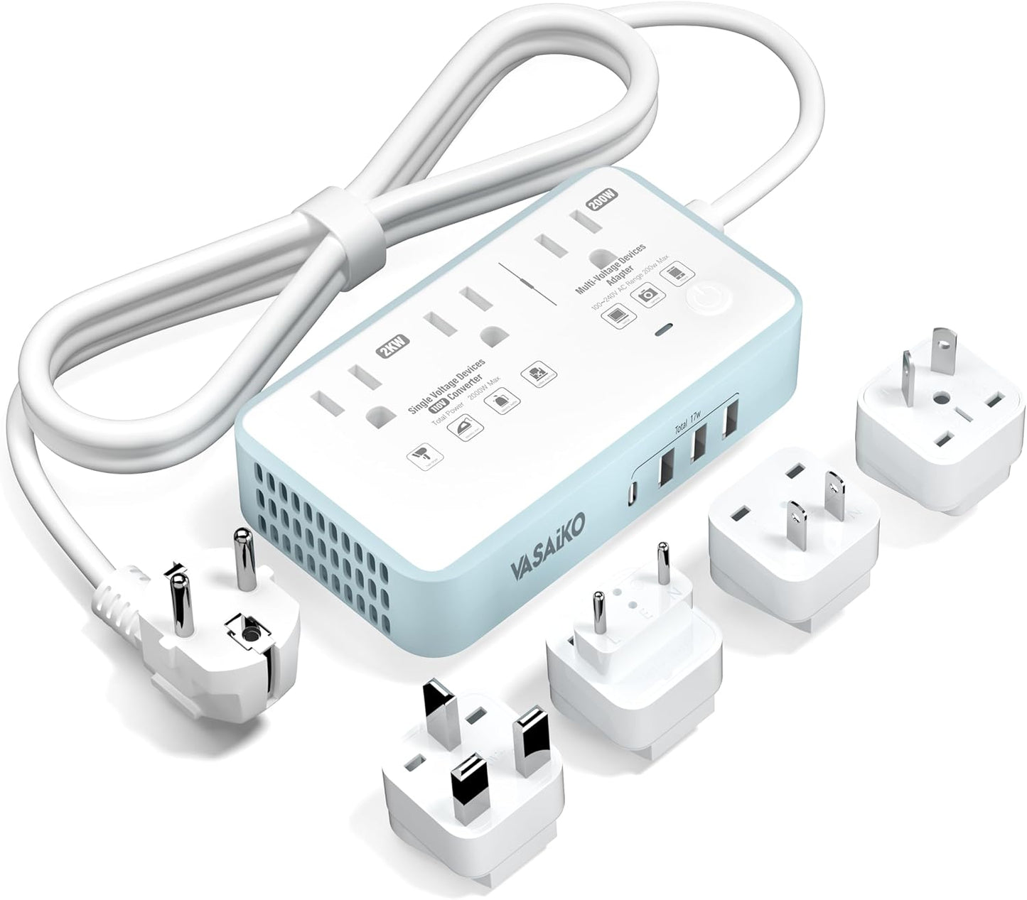 220V to 110V Voltage Converter US to Europe, 2000W Voltage Converter for European Travel with 3 AC 2 USB-C 2 USB-A Ports, and EU/UK/AU/IT European Travel Plug Adapter