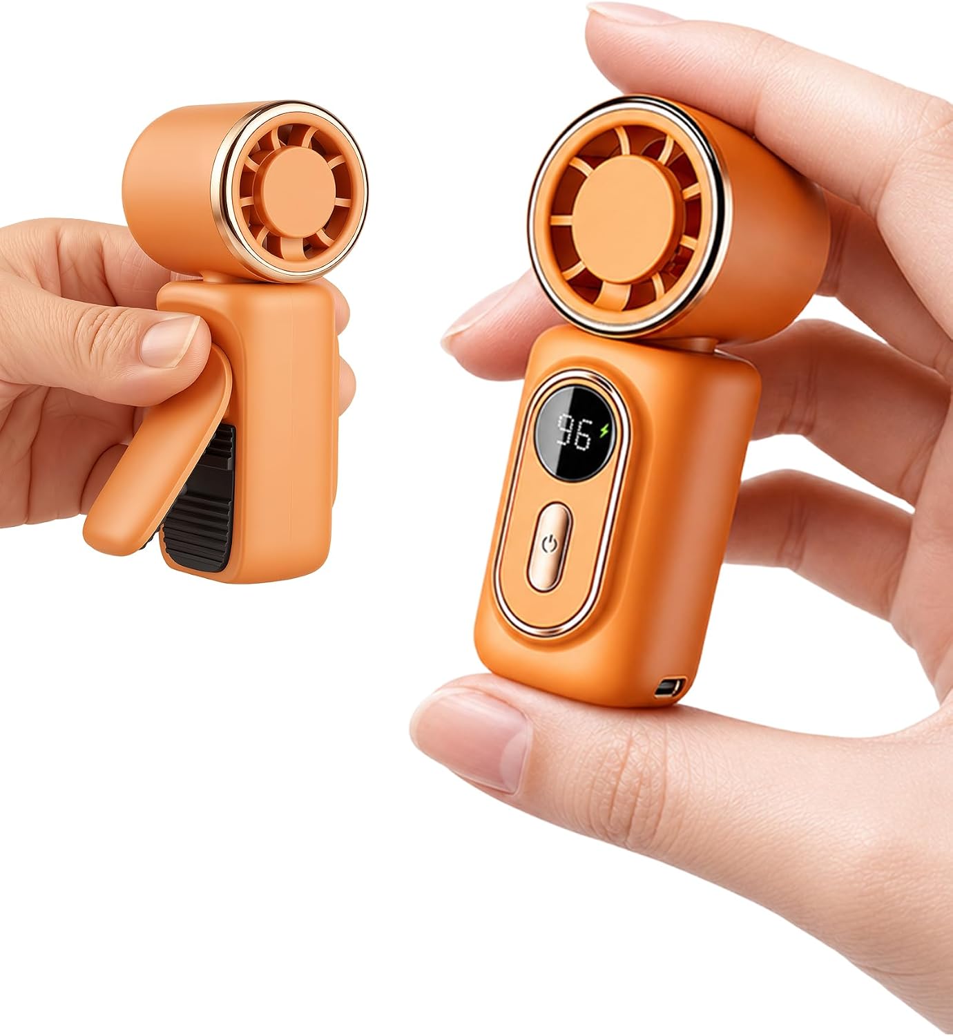 Mini Clip on Fan Handheld, 3000mAh Rechargeable Portable Fan with LED Display, 3-in-1 Personal Cooling Fan, 3 Speeds Quiet USB C Fan for Stroller Desk Travel Camping Office for Women Men Kids, Orange