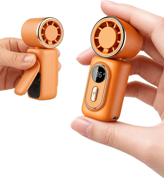 Mini Clip on Fan Handheld, 3000mAh Rechargeable Portable Fan with LED Display, 3-in-1 Personal Cooling Fan, 3 Speeds Quiet USB C Fan for Stroller Desk Travel Camping Office for Women Men Kids, Orange