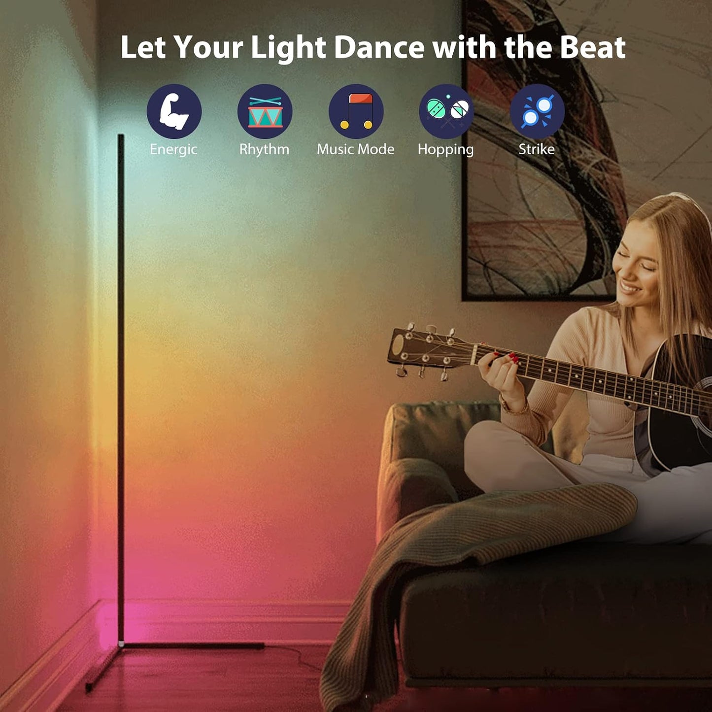 WISIMMALL RGB Corner Floor Lamp, Bluetooth APP and Remote Control Music Sync LED Modern Floor Lamp for Living Room, Light Timing, 398 Dimmable Modes, 64.5" RGB Color Changing Mood Lighting