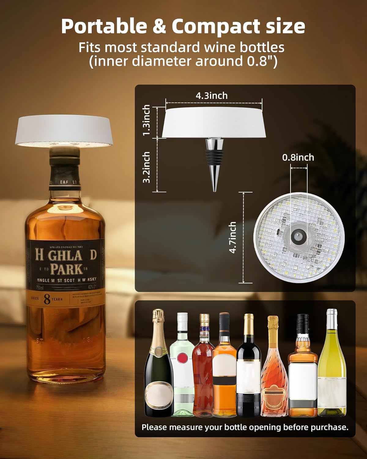 Wireless Bottle Lamp, Rechargeable Wine Bottle Lights for Liquor Bottles | RGB, Touch Control 3 Color Temperatures, Dimmable, Outdoor Waterproof, Restaurant & Home Bar Décor, Gift, White 1Pc