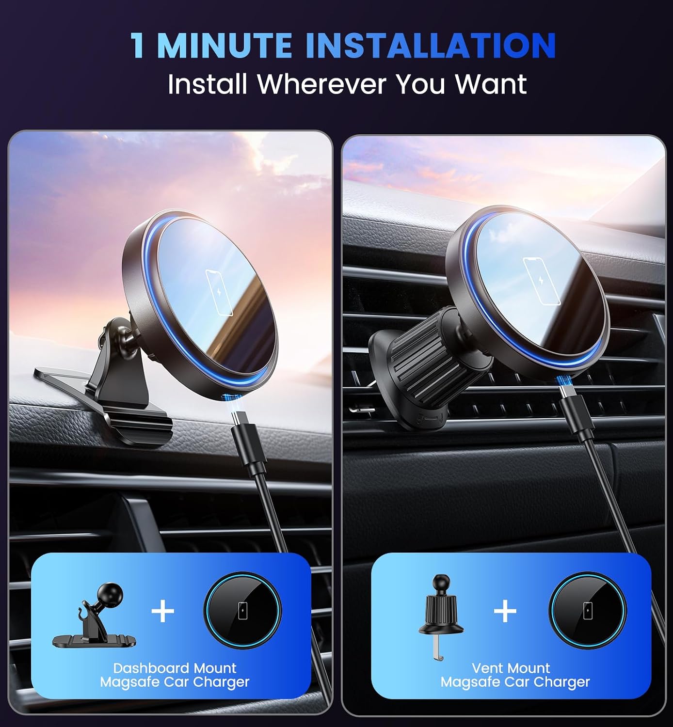 Magnetic Car Mount Charger 15W Magnetic Wireless Car Charger for iPhone 17 Accessories Magnetic Phone Holder for Car 3 in 1 Magnetic Car Mount for iPhone17Pro/16/15/14/13/12 Series Gifts for Men Women
