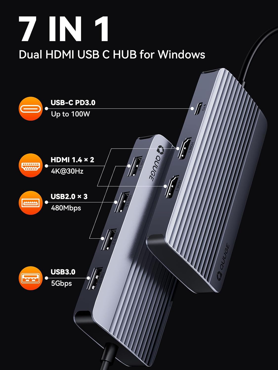 QUUGE Docking Station Dual Monitor 2 HDMI, 7 in 1 USB C Hub with Dual HDMI 4K, PD Charging, 5Gbps USB 3.0, 3 USB2.0, USB C Docking Station for MacBook Pro/Dell XPS/HP/Lenovo/Surface/Yoga etc