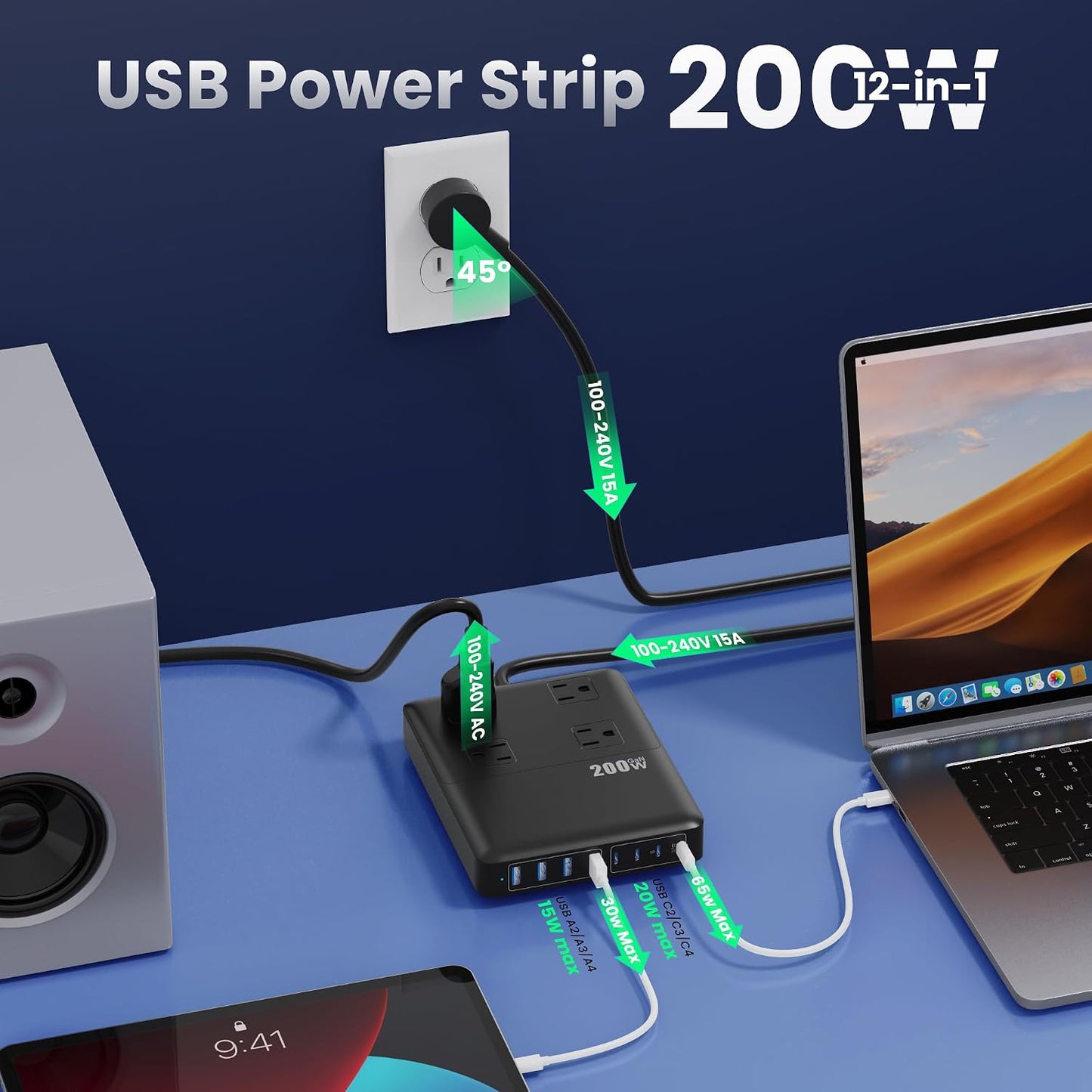 200W Charging Station,12-in-1 USB C Power Strip with Flat Plug and 5ft Extension Cord,4 AC Outlets,4 USB-A,4 USB-C Ports for iPhone 17/16/15,65W PD Fast Laptop Charger for MacBook, Home, Office, Dorm