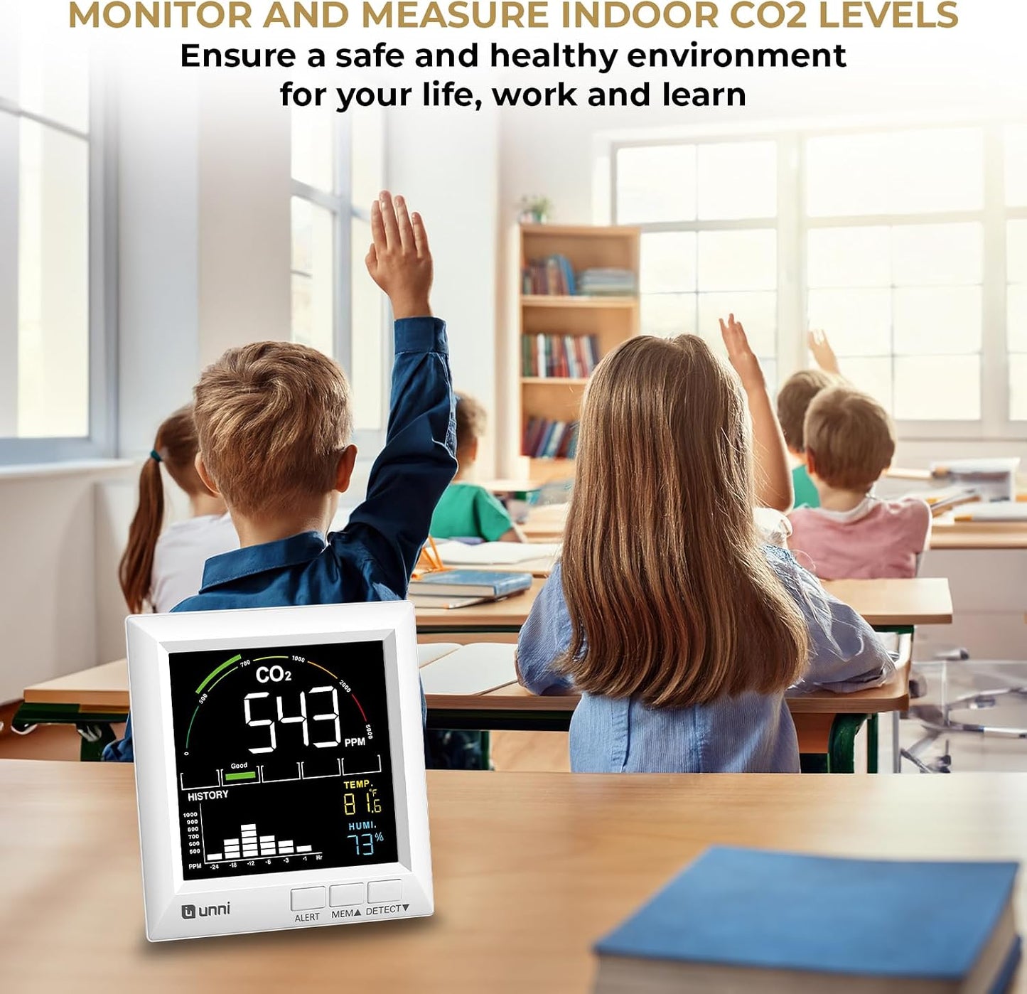 U UNNI CO2 Monitor for Home, 3 Adjustable Volume for Alerts & 3 Adjustable Backlight, Photoacoustic Sensor for Temperature Humidity & Indoor Air Quality Monitor