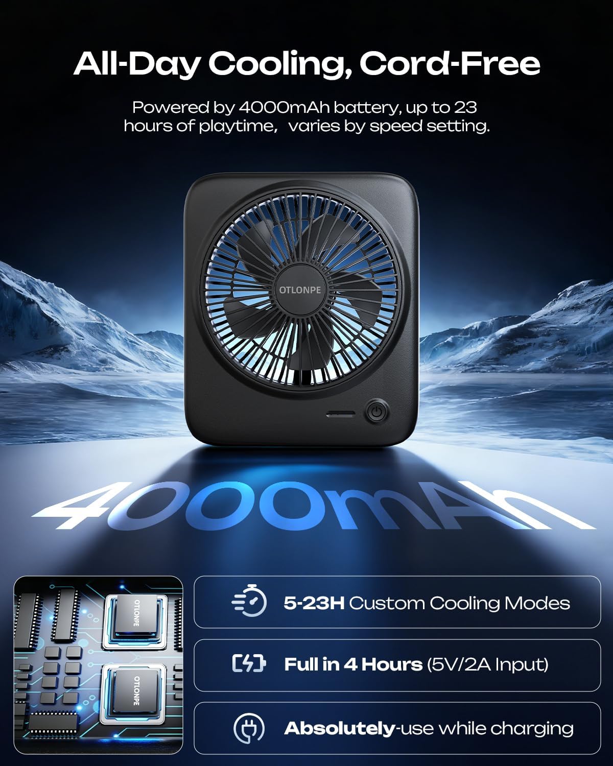 Otlonpe Personal Portable Desk Fan 2 Pack, 4000mAh Small Rechargeable Portable Fan Battery Operated & USB Powered for Travel Sleeping Bedroom Office Home Table, Cordless, Quiet, 4-Speed, 6.5 Inch