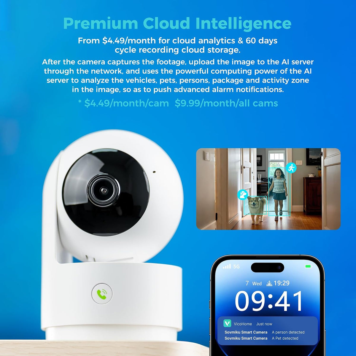 Vicohome 2K Indoor Security Camera, 5GHz Wi-Fi, Plug-in, 24/7 Recording, AI Tracking, Pet Baby Monitor, 360° View Pan/Tilt, 2-Way Audio, Night Vision, Easy to Setup, Audible Alarm,180 Days Care Plan