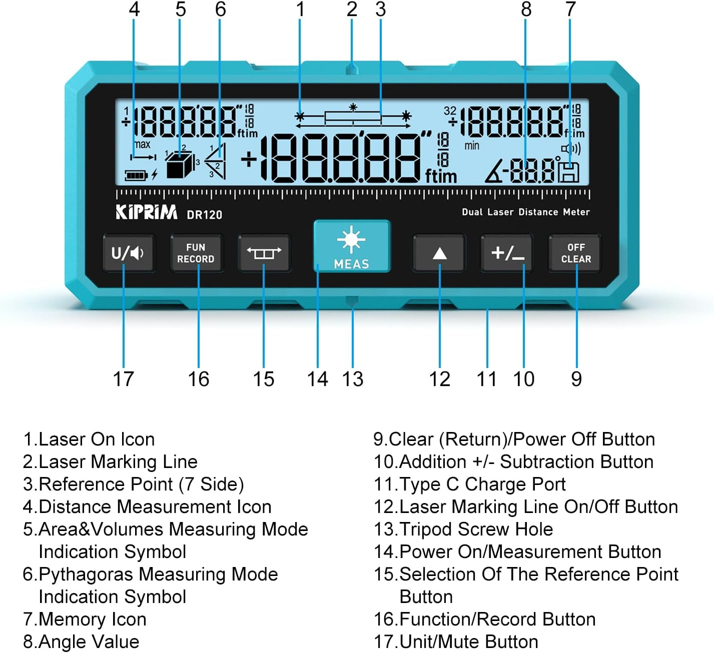 Kiprim DR120 Dual Laser Distance Meter, 393ft/120m, Bidirectional Laser | Bidirectional emission dual laser rangefinder with vertical marking line & electronic level. Supports M/Ft/in unit switching