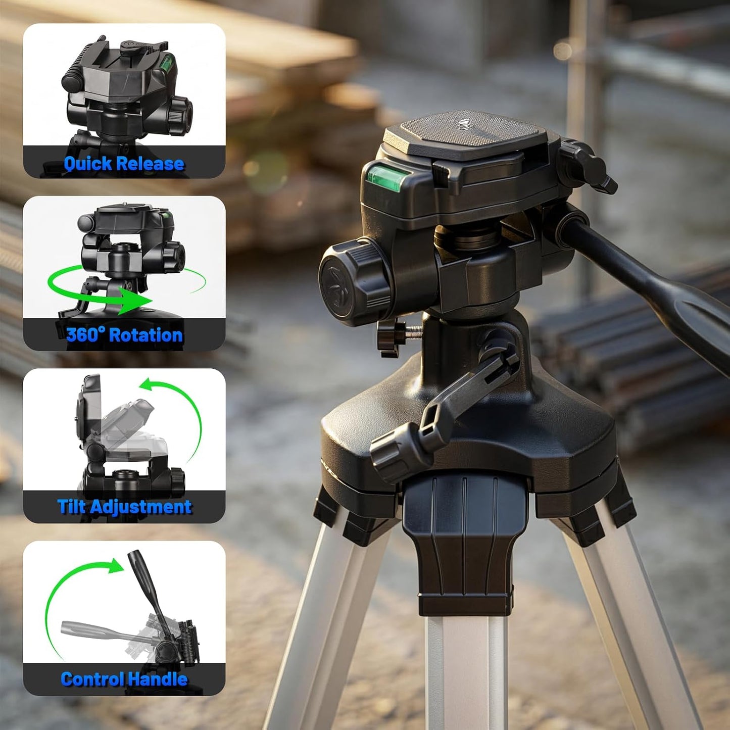 Huepar Pro PT250 100-Inch Laser Level Tripod, 1/4"-20 & 5/8"-11 Mounts | 40-100in Adjustable Height, Thickened Aluminum, Rubber/Spike Feet, 360° Pan, 90° Tilt, 5/8"-11 Adapter, Carry Bag