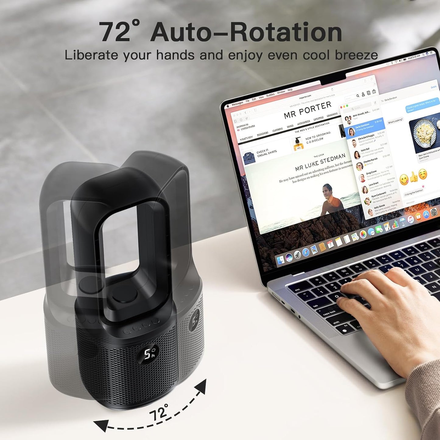 let'me Bladeless Desk Fan Small Quiet, 5-Speed Bedside Table Fan with 3-Level Brightness Night Light, 72° Oscillation, 9-Hour Timer, Wired Power with Adapter, Fan for Bedroom Office Home, 13x5 Inch