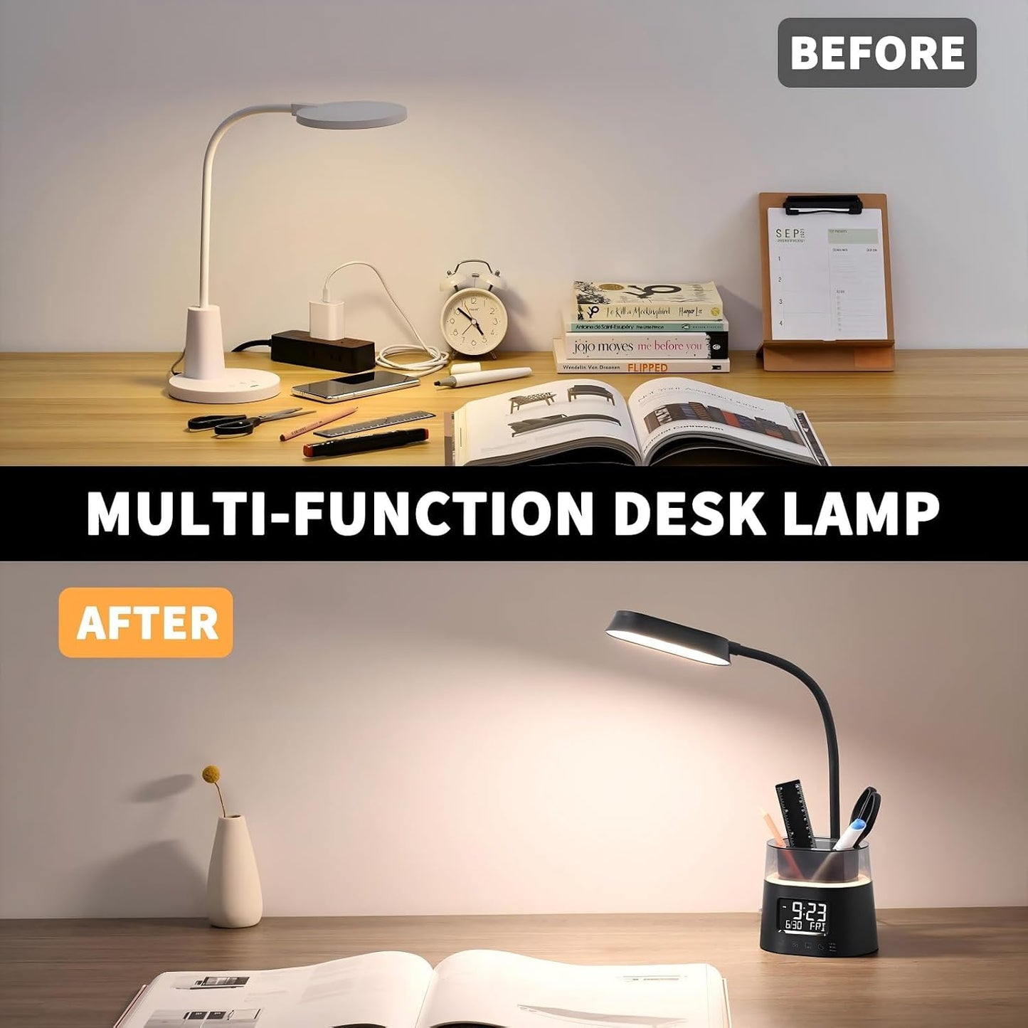 Led Desk Lamp with Pen Holder, Touch Lamps for Nightstand Eye-Caring Bedside Reading Light with Clock, Office Lamps Stepless Dimming, Lamp for Dorm Room, Suitable for Kid/Girl/Boy (Black)