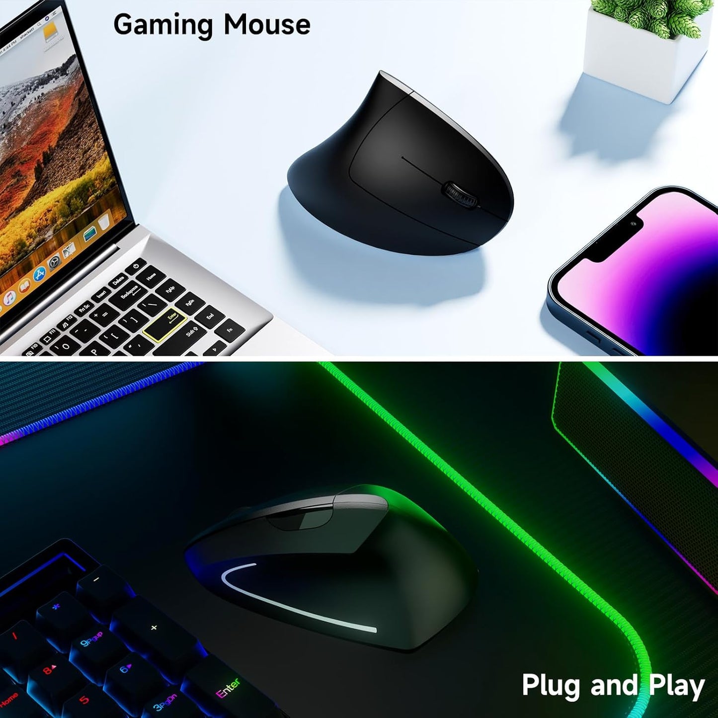 Ergonomic Vertical Wireless Mouse Stylish Rechargeable 2.4G Optical Mice Cordless Mouse with USB Receiver, 800/1200 /1600 DPI, 5 Buttons for Laptop,PC,Mac,Computer (Black)