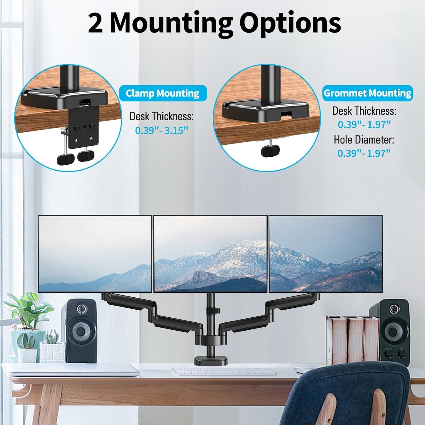 MOUNTUP Triple Monitor Mount for 17-32 inch Screens, Full Motion Triple Monitor Stand, 3 Monitors Desk Mount Holds 4.4-19.8 lbs Each, Clamp & Grommet Mounting, Black