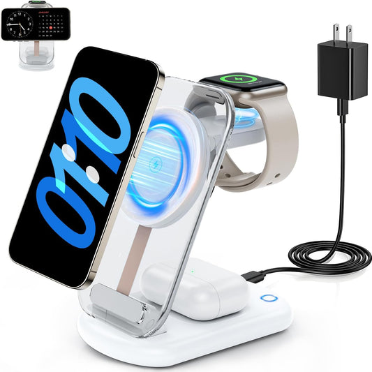 2026 Traveling Wireless Mag-Safe Fast Charging Station | Magnetic 3 in 1 Charger with Light for iPhone 17 16 15 14 13 12 Pro Max Plus,Apple Watch& Air pods 4 3 2 Pro(White)