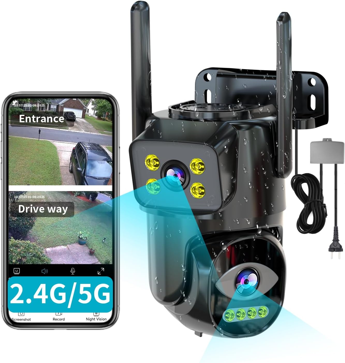 LETSCEE Dual Lens WiFi Security Camera Outdoor, 2.4G/5G PTZ Outdoor Plug-in Camera Auto Tracking,Home Security Surveillance System,WiFi,Night Vision,7/24 Recording
