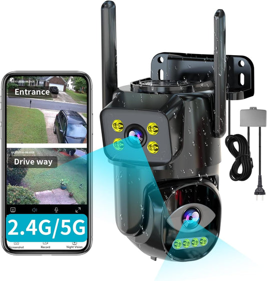 LETSCEE Dual Lens WiFi Security Camera Outdoor, 2.4G/5G PTZ Outdoor Plug-in Camera Auto Tracking,Home Security Surveillance System,WiFi,Night Vision,7/24 Recording