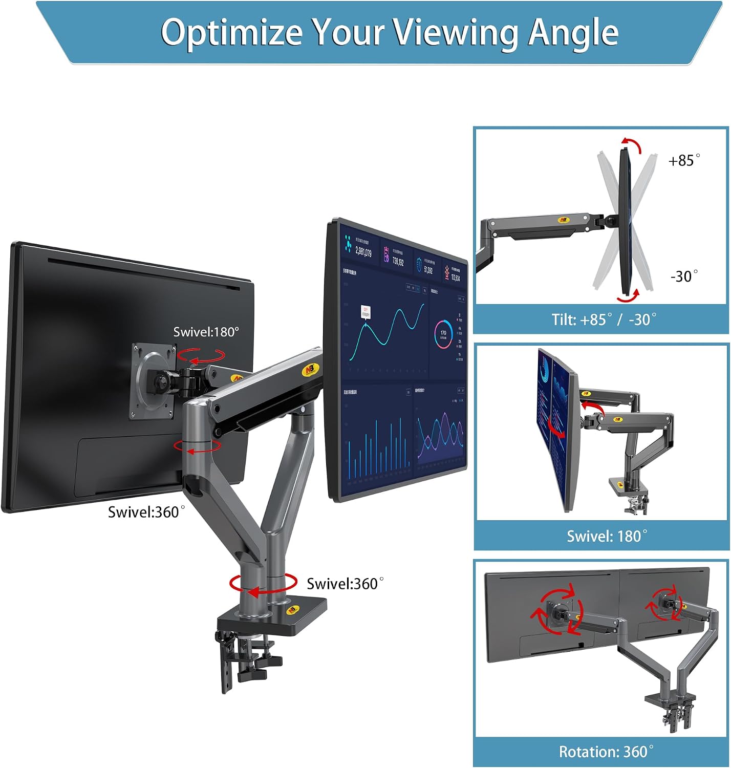 NB North Bayou Dual Monitor Arm Ultra Wide Full Motion Swivel Monitor Mount for 22''-32'' Monitors Load Capacity from 4.4 to 26.4lbs for Each Arm Height Adjustable Monitor Stand G35