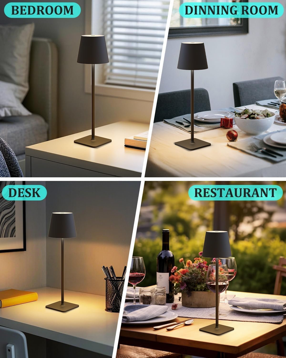 Fizrice Rechargeable Table Lamp 2 Pack Cordless Battery Operated, Black | IP65 waterproof wireless design with adjustable brightness and height feature for patio, bedroom, restaurant