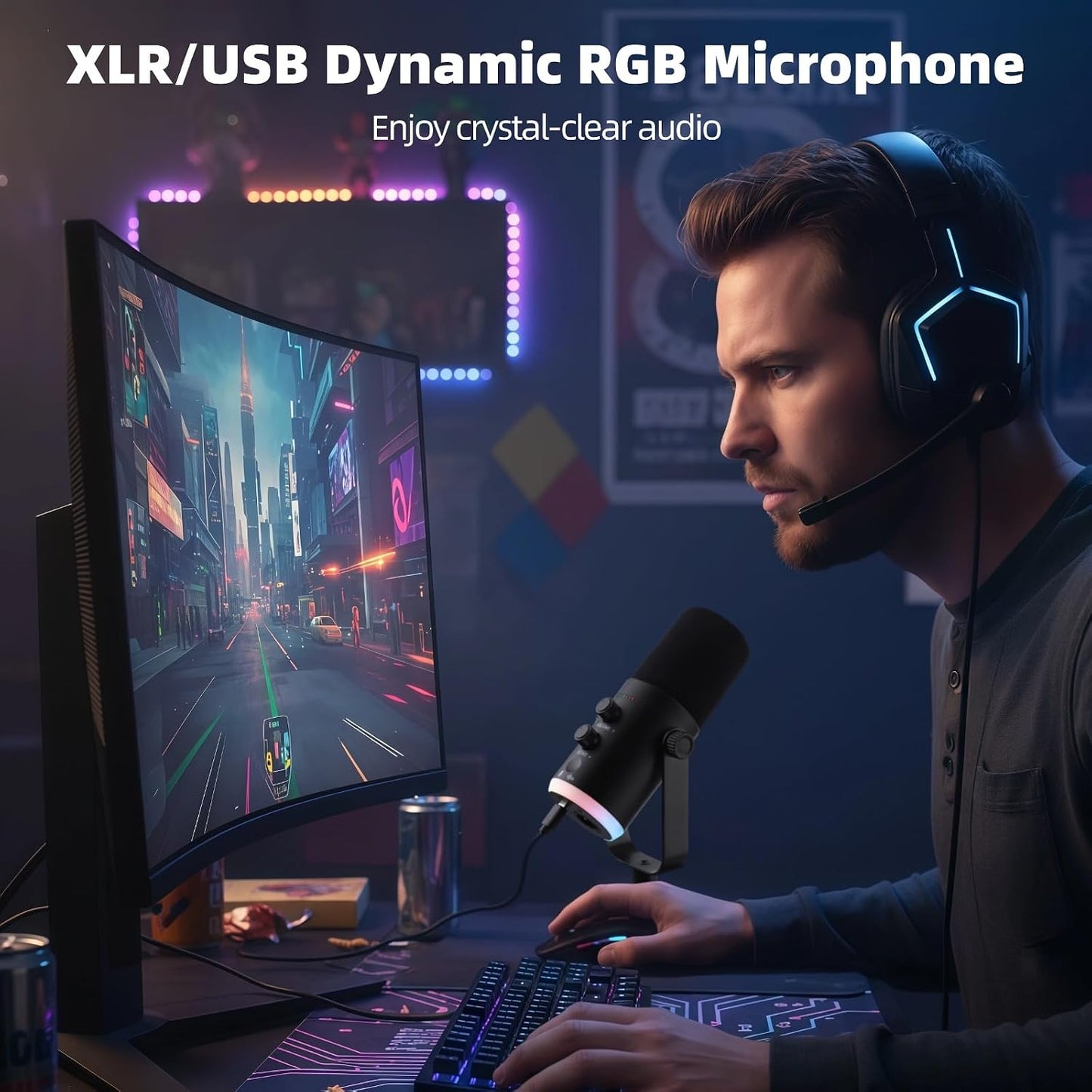 OMISTAR XLR/USB Dynamic RGB Microphone, PC Microphone with Noise Reduction, Volume Control, Mute Function, Metal Build, Easy-Mount Base for Gaming, Recording, Streaming