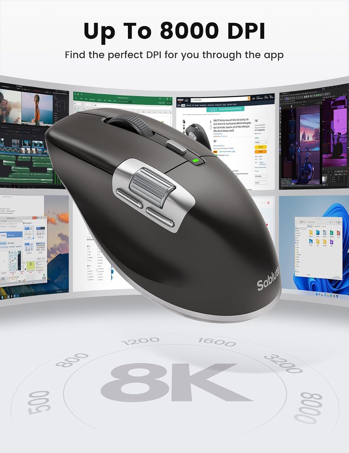 SABLUTE Wireless Mouse for Laptop (2.4G+2BT+Wired),Ergonomic Optical Mice | 800mAH Rechargeable, Ultra-Fast Scrolling, Side Scroll, Quiet Clicks, 8K DPI, 5 Programmable Buttons, Work with Win/Mac- MAM6