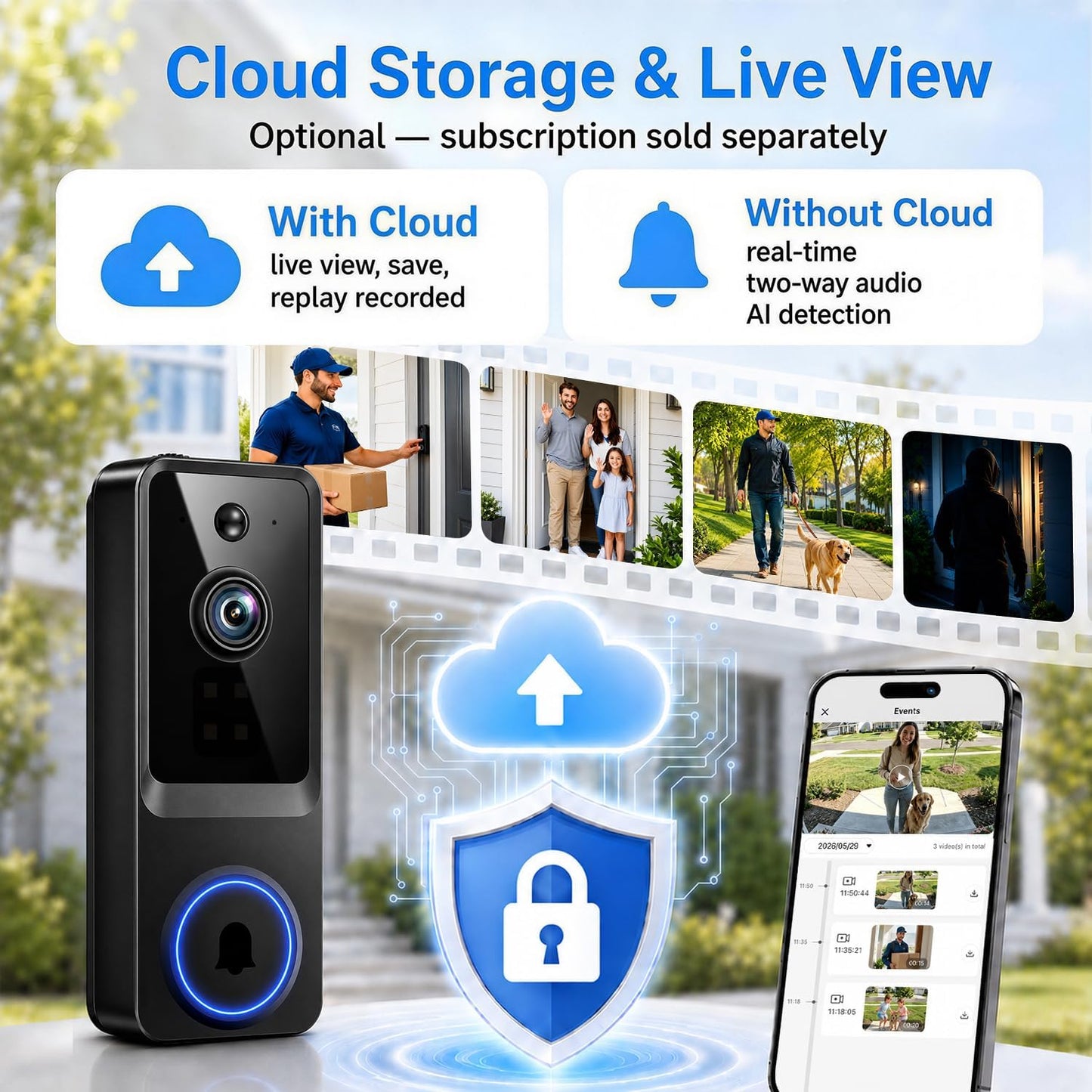 Doorbell Camera Wireless, 1080P Video Doorbell Camera Battery Powered | Security Camera with AI Human Detection, 2-Way Audio, Night Vision, Cloud Storage, 2.4GHz WiFi, Front Door Camera for Home