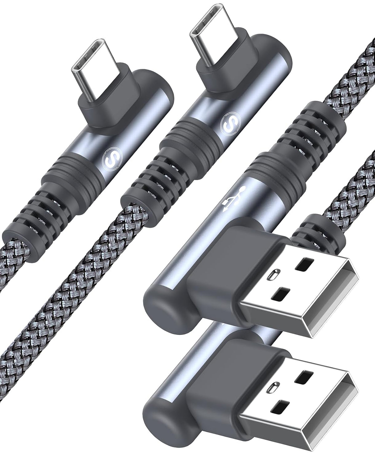 USB to USB C Cable 3.1A Fast Charge Right Angle CarPlay 10ft 2-Pack Grey