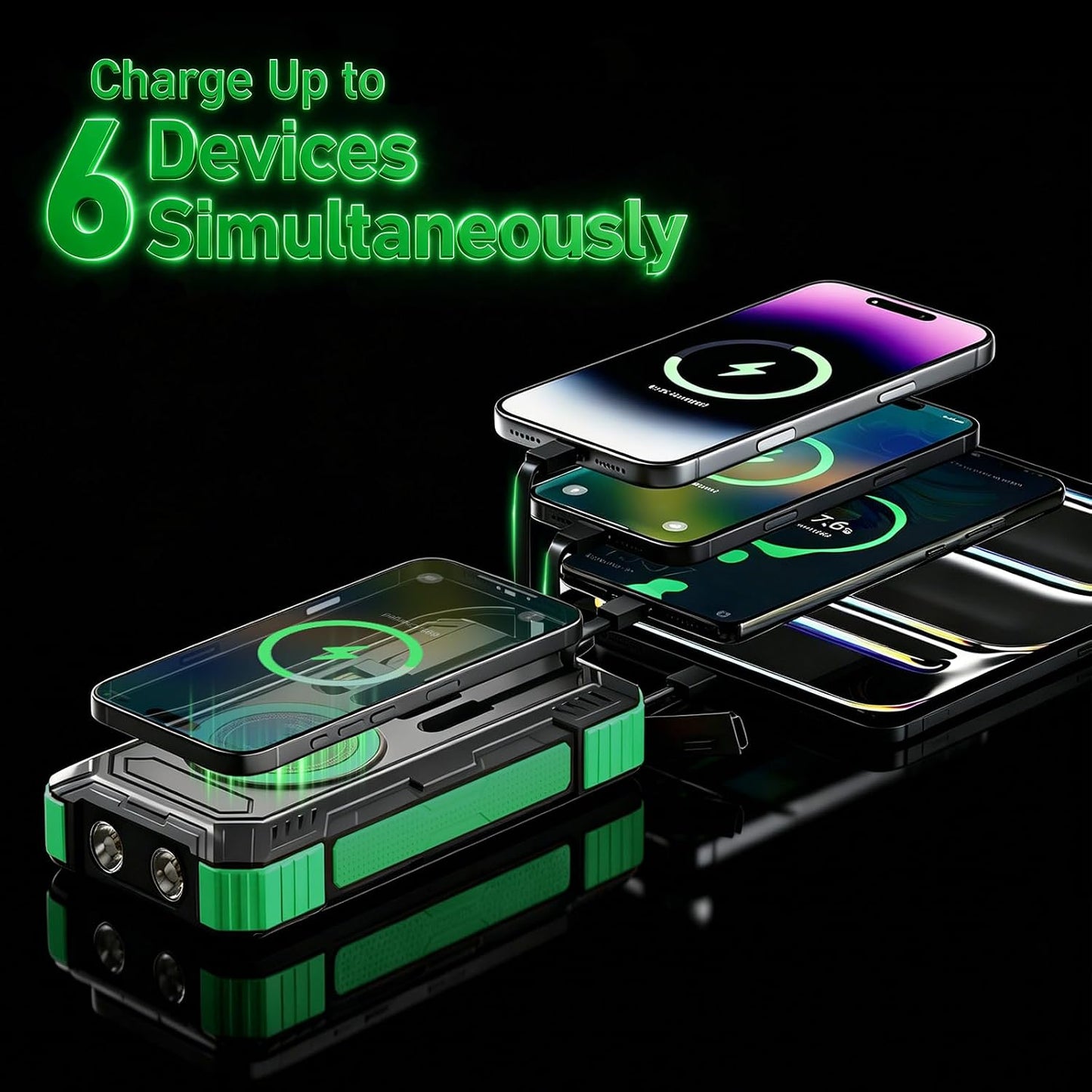 Solar Power Bank 49800mAh 22.5W QC3.0 Fast Charging Built in 4 Cables with USB C 6 Outputs & 2 Inputs for All Cell Phone Portable Wireless Charger Bright LED Flashlight Perfect for Camping