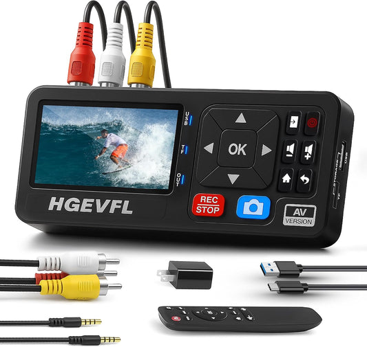 VHS to Digital Converter with 3" Display, AV & HDMI Video Capture Device, VCR to Digital Recorder for VHS Tapes, Hi8, Mini DV, DVD, Camcorders, Gaming, TV Box – USB/TF Storage-Black