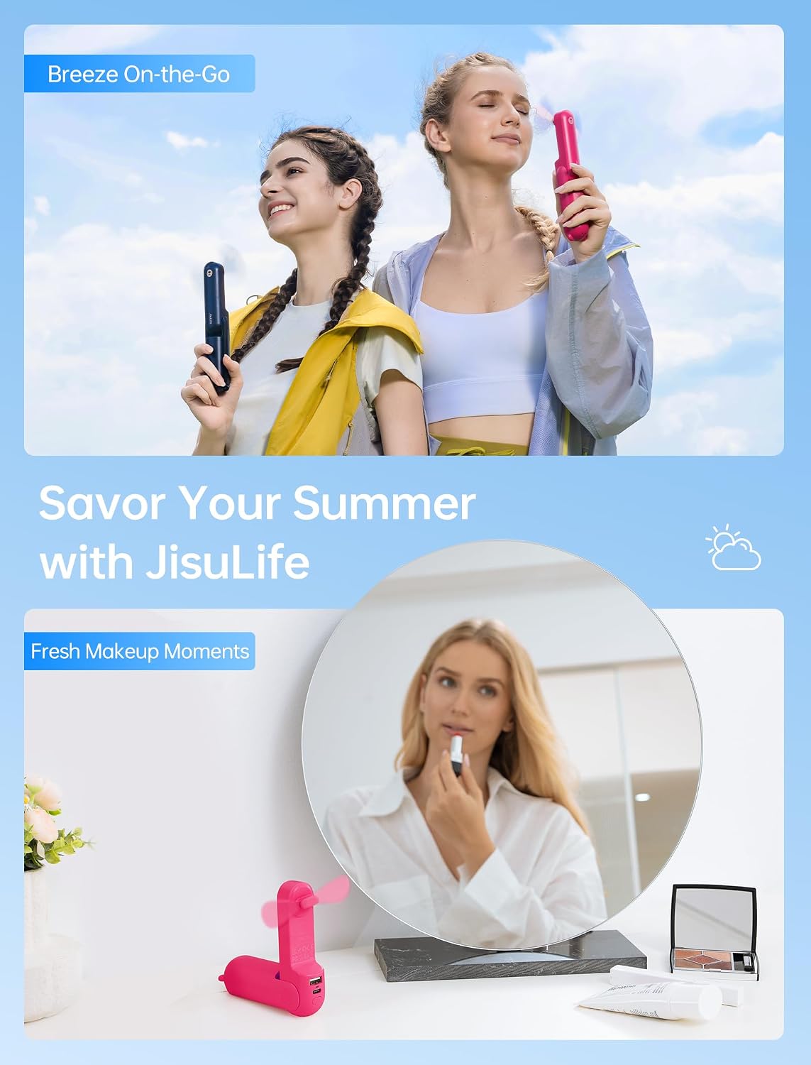 JISULIFE 3 IN 1 Portable Fan with Power Bank & Flashlight Featured | 19H Max Cooling, USB Rechargeable, Pocket-Sized Handheld Fan for Travel, Cruise, Concerts, Makeup, Summer Gifts for Women