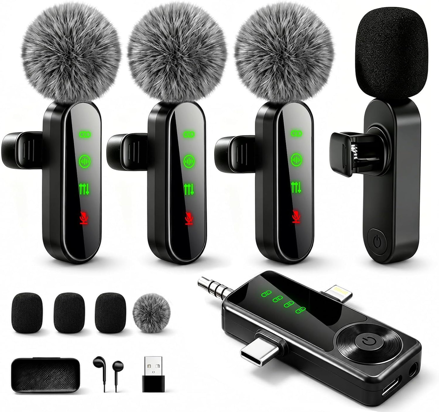 4 Packs Wireless Lavalier Microphone for iPhone Android Camera | Mini Clip-On Mic with Noise Reduction for 4-Person Video Recording, Interviews, Podcasts, YouTube, TikTok & Vlogging (Black)
